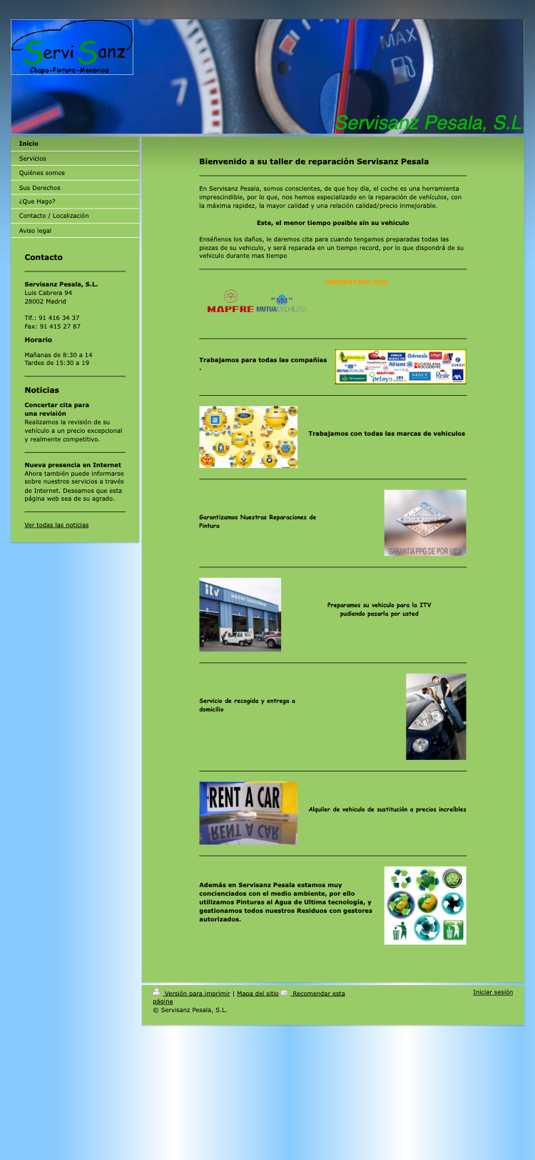 Captura de la web actual de Talleres Servisanz Pesala en un móvil