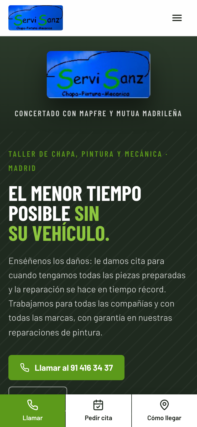 Captura de la web nueva de Talleres Servisanz Pesala en un móvil